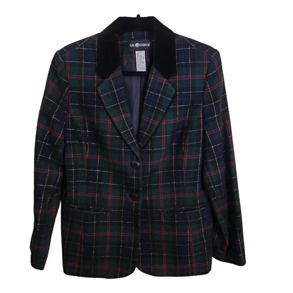 Sag Harbor Vintage Green Metallic Thread Plaid Dark Academia Blazer Size 8 - Picture 1 of 5
